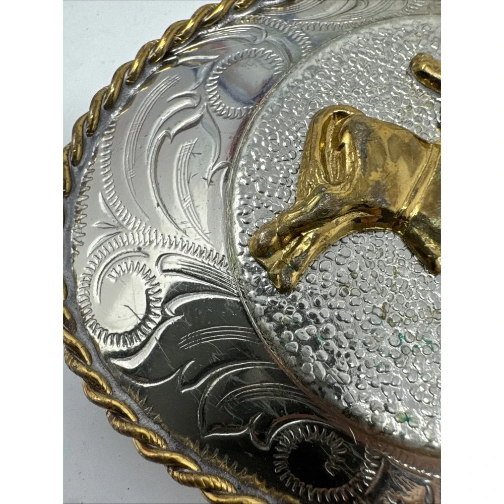 Vintage RODEO belt buckle Filigree GERMAN‎ SILVER bull riding WESTERN cowboy